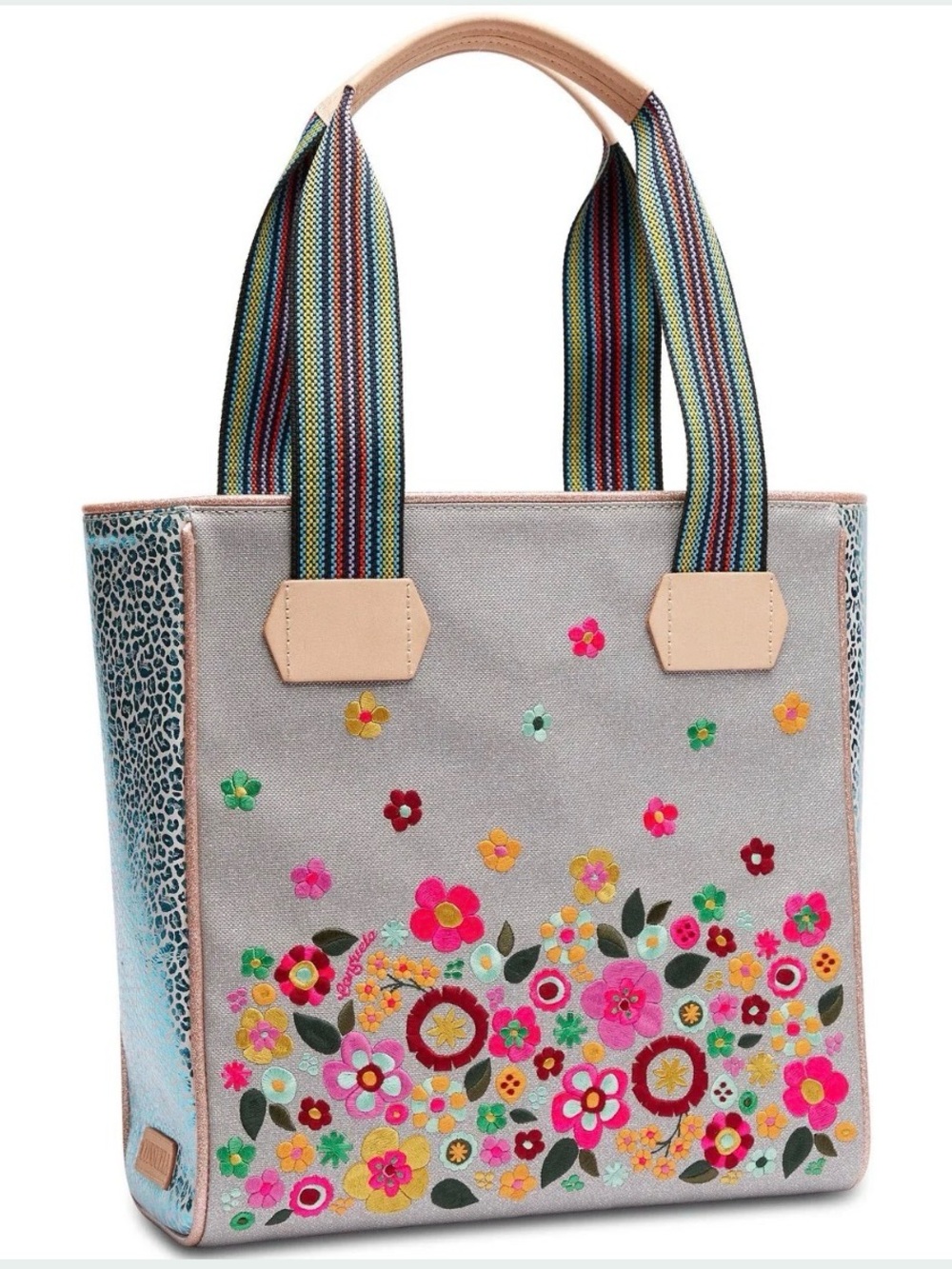 NWT Consuela Tink Classic Tote silver shimmer embroidered floral handbag